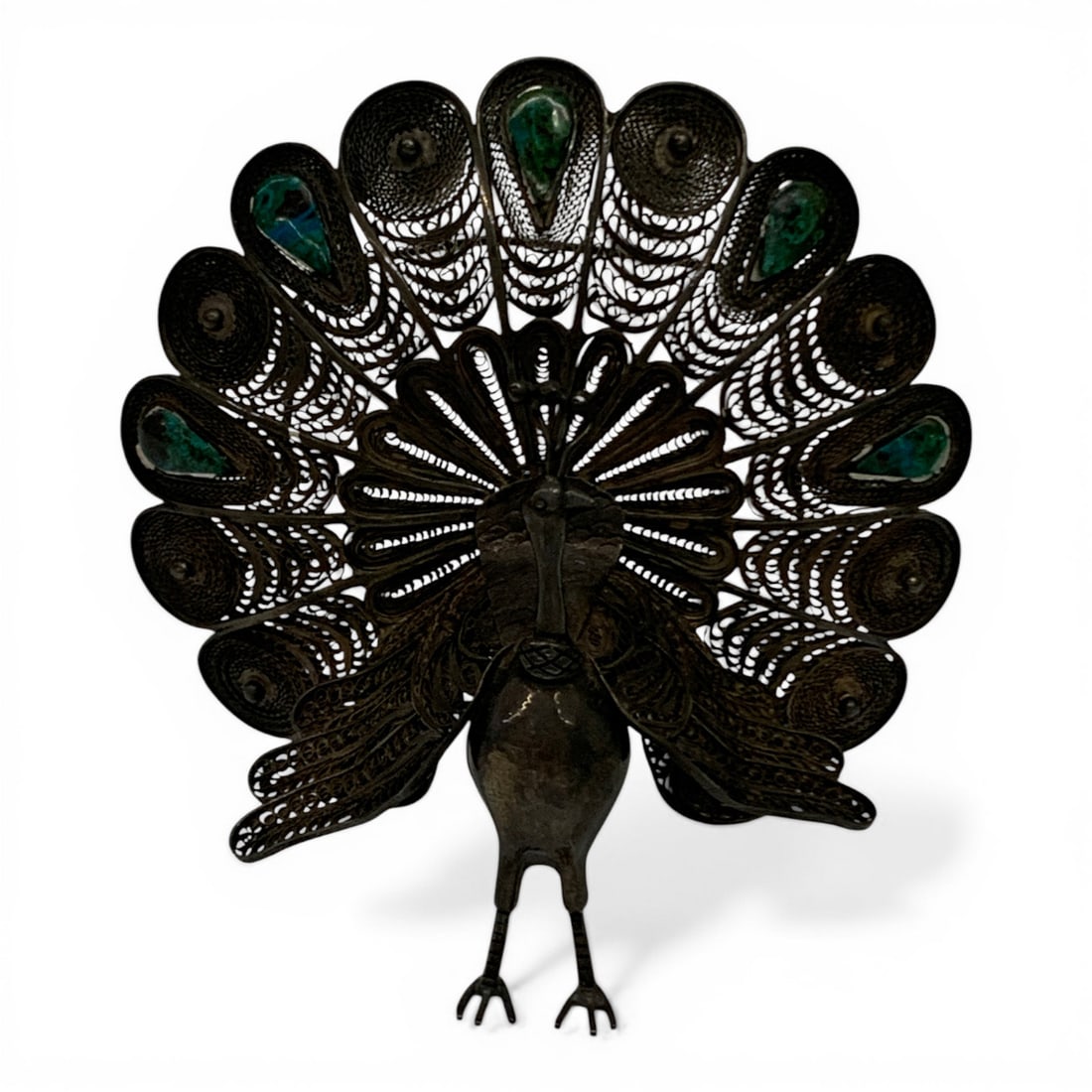 950 Silver Filigree Peacock Card Holder: Vintage 950 Silver Peacock Card Holder Sculpture With A Filigree Design Featuring Set Green Stones Marked On Back: 950 - 3 3/4" Tall - 2.795ozt