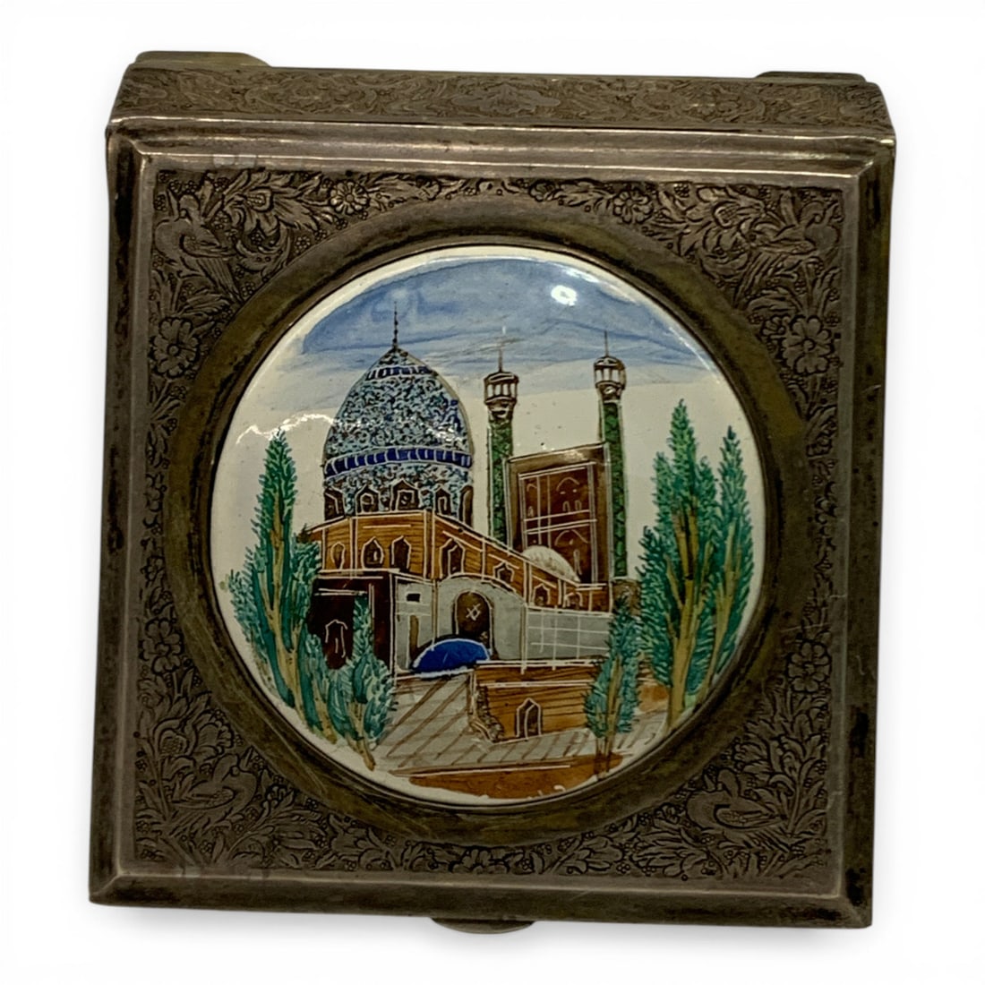 Antique Persian Silver Box With Painted Plauqe: Antique Persian Silver Box With Intricate Floral Designs Featuring A Large Enameled Hand Painted Plaque Set In The Center Of The Lid Tests Sterling Silver - 3 1/2" X 3 1/2" X 1" - 7.650ozt