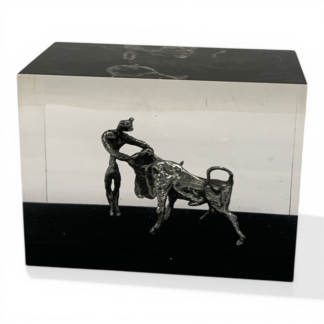 Vintage Spanish Bullfighting Sculpture: Vintage Spanish Bullfighting Sculpture Featuring A Matador & A Bull Enclosed Within A Solid Acrylic Block 4 3/4" Long, 3 1/2" Tall