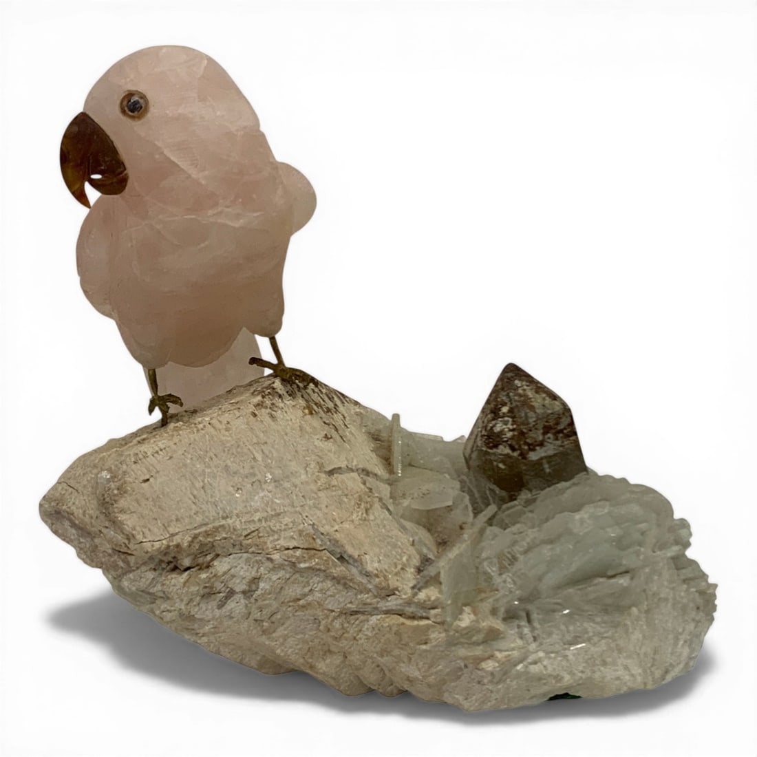 Handcrafted Collectible Figurine Of A Bird: Handcrafted Collectible Figurine Of A Bird Carved From Rose Quartz And Perched On A Natural Crystal Cluster Base 9 1/2" Long & 9 1/4" Tall