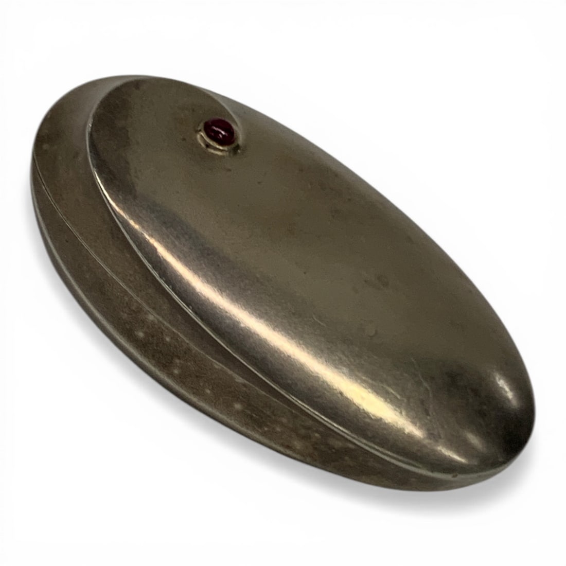 Sterling Silver Egg Shaped Trinket Box: Antique Sterling Silver Egg Shaped Trinket Box With A Magnetic Clasp Featuring 1 Sphere Shaped Ruby Set In The Top Of The BoxMarked On Inside: Sterling - 2 1/4" Long - 3.075 Ozt