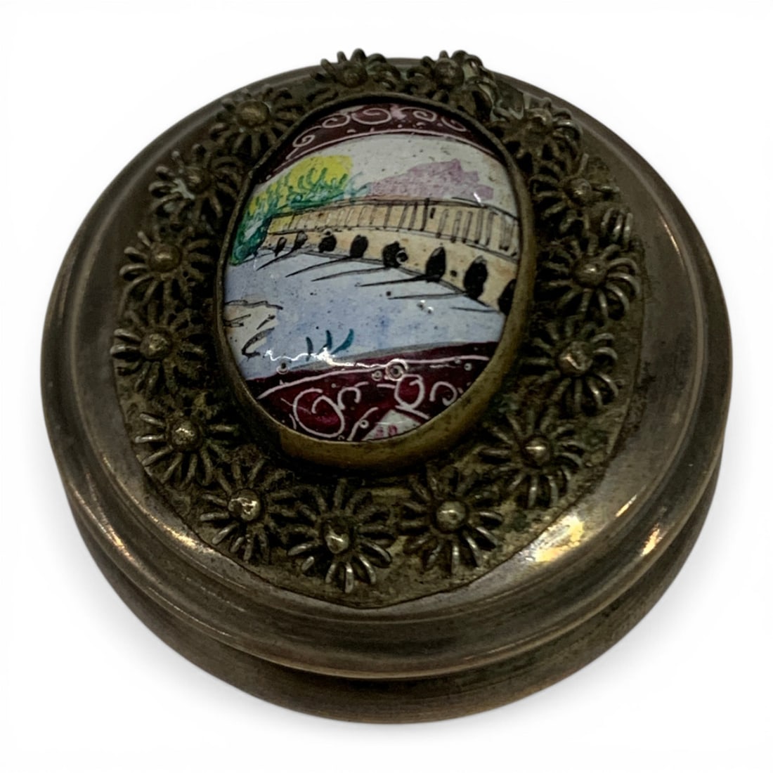 Antique 800 Silver Pill Box W/ Handpainted Plaque: Antique 800 Silver Pill Box With A Floral Design Around The Plaque Featuring A Hand Painted Plaque Set In The Center Of The Lid Marked On Bottom: 800 - 7/8" Tall - 0.540 Ozt