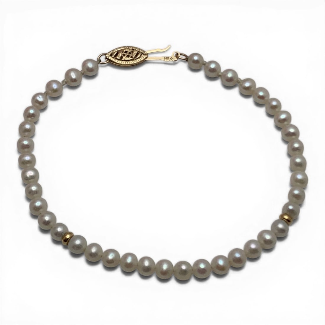 Pearl Beaded Bracelet W 14k Yellow Gold Clasp: Marked On Clasp: 14k - 7 3/4" Long - 4.5 Grams