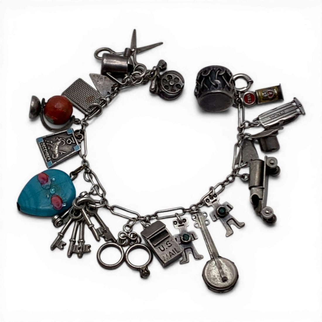 Silver Charm Bracelet: Vintage Charm Bracelet. Includes One Art Glass Charm Tests Silver - 7" Long - 32.2 Grams
