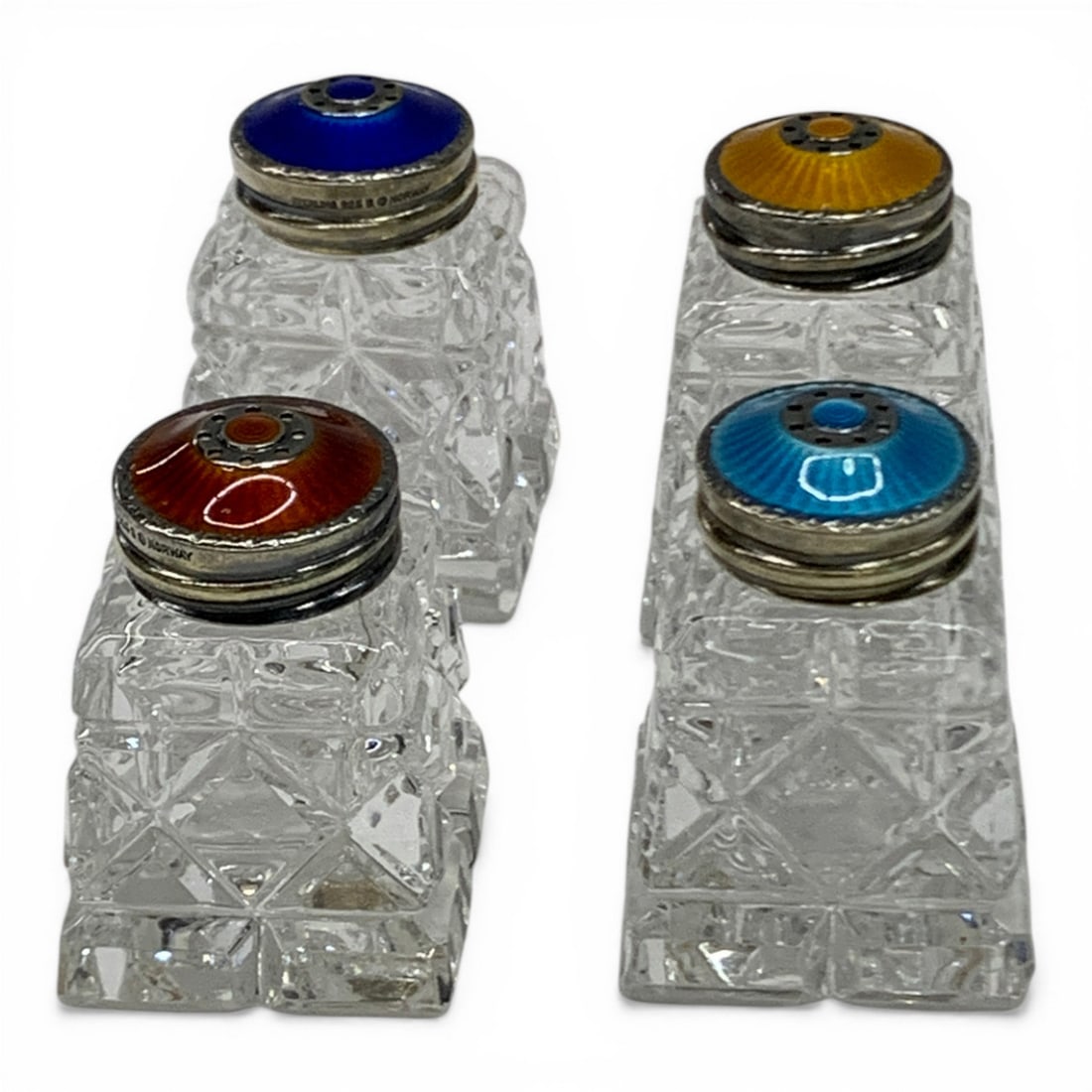 Norway Sterling Silver Salt & Pepper Shakers: Vintage Set Of Salt & Pepper Shakers Made Of Norwegian Sterling Silver & Cut Crystal Bases Featuring Colorful Guilloche Enamel TopsMarked On Rim Of Lids: Sterling 925, Norway - 1 5/8" Tall - 6.795