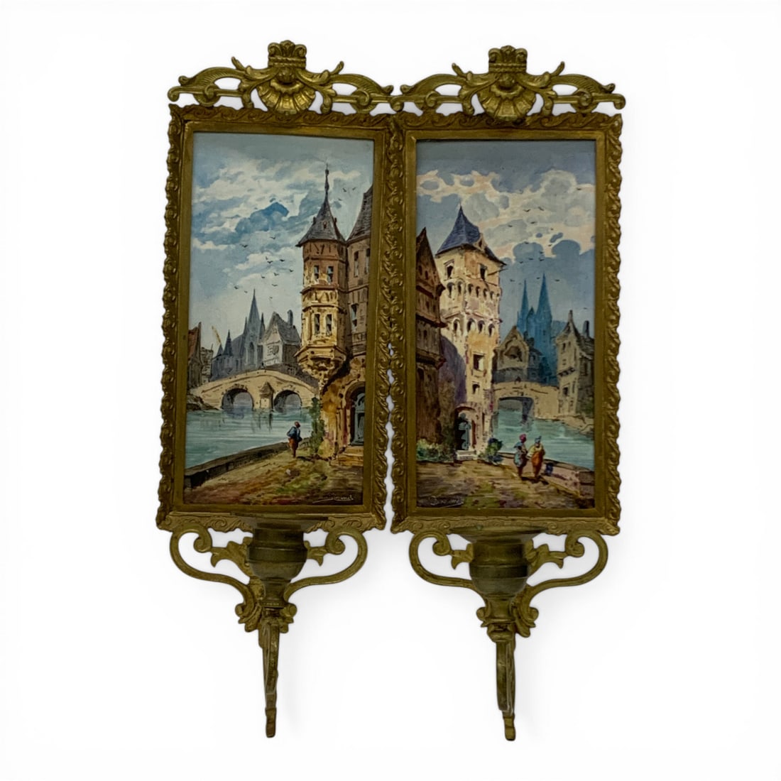 Pair Of Bronze/ Brass Vintage Wall Sconces: Pair Of Vintage Decorative Candle Wall Sconces Made Of A Mixed Bronze & Brass Metals Featuring Signed Painted Scenic PlaquesPlaques Signed In Bottom Right - 12 3/4" Long