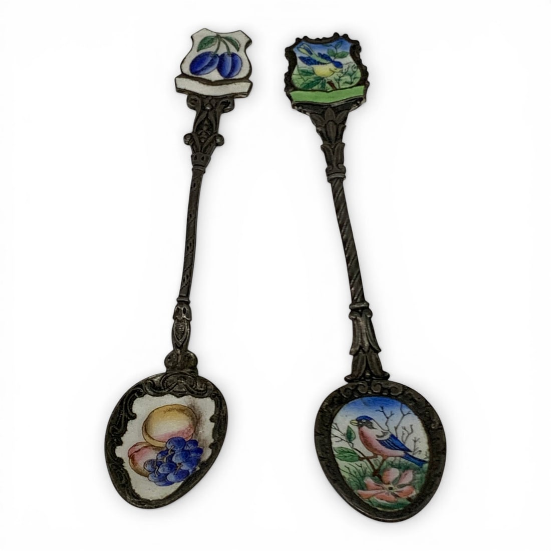 2 Vintage Enameled Czech Spoons: 2 Vintage Czechoslovakia Enaemled Spoons, One Featuring A Bird Design The Other Featuring A Collection Of Fruit Design Marked: Czechoslovakia - 5" Long