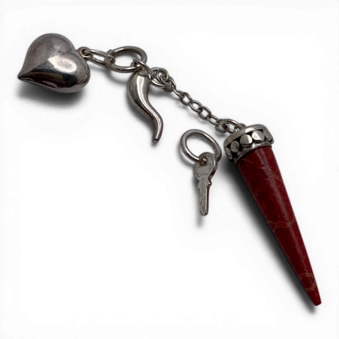 Sterling Silver Charm Pendant With Coral Spire: Sterling Silver Pendant With Charms And A Spire Red Coral Pendant Tests Silver - 3 1/8" Long - 7.9 Grams