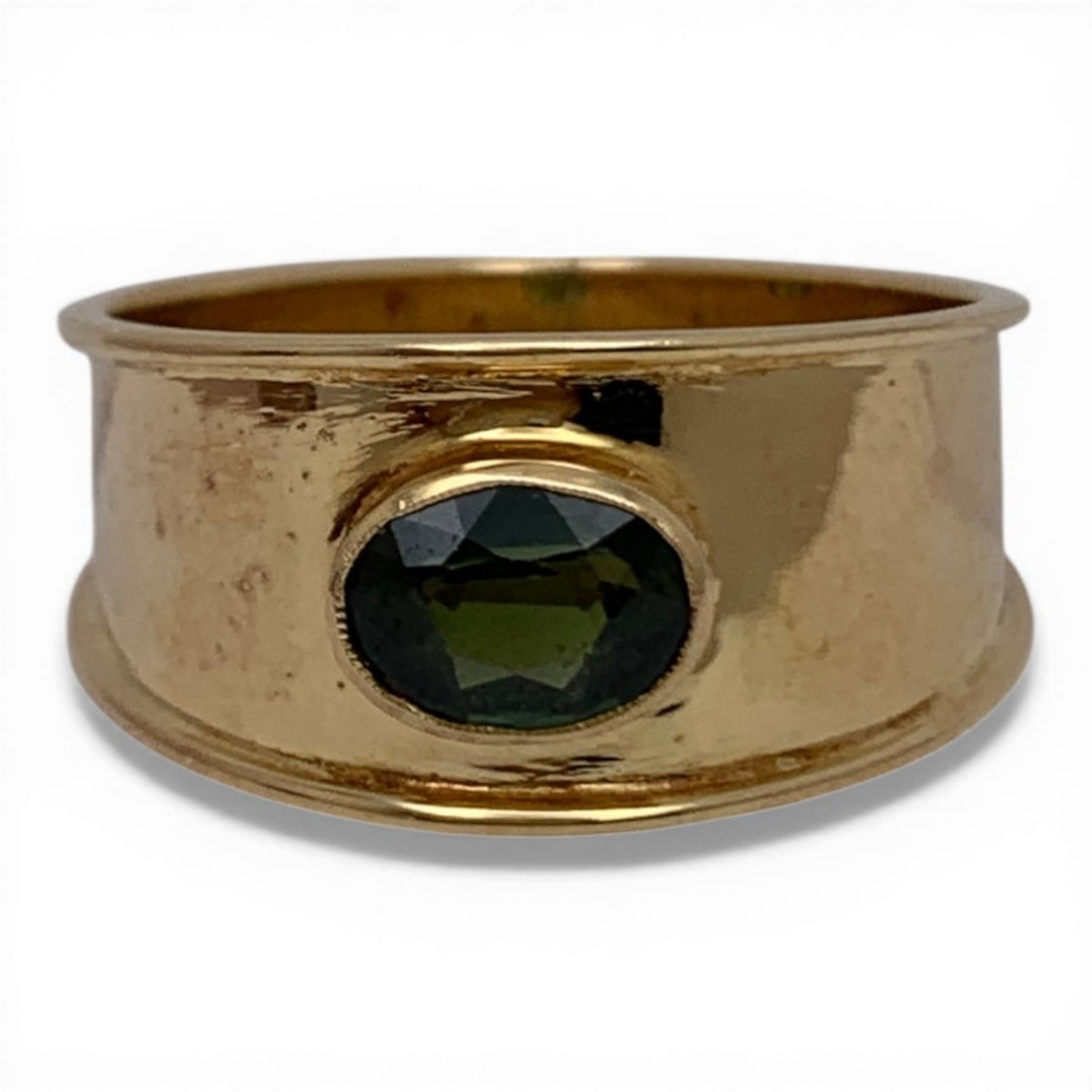 14k Yellow Gold & Topaz Wide Band Ring: 14k Yellow Gold Ring With A Wide Band Design Featuring 1 Green Oval Shaped Topaz GemstoneMarked 14k - Size 9 - 2.8 DwtGemstones Tested With Presidium Gem Tester Il - Berners Does Not Gurantee Authenti