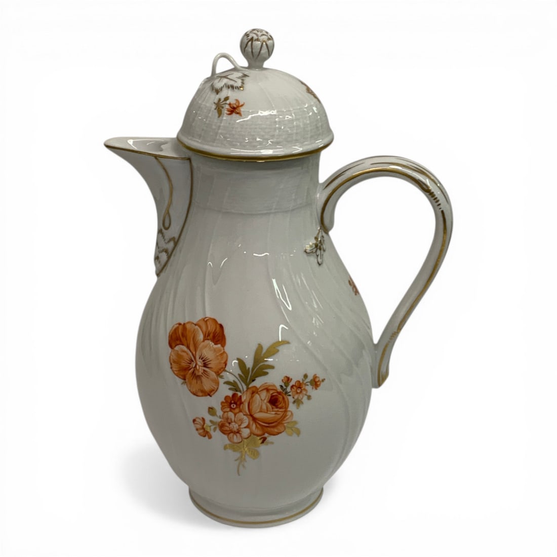 Vintage Porcelain Coffee Pot With Floral Motif: Blue Mark On Bottom. 9.5" Tall.