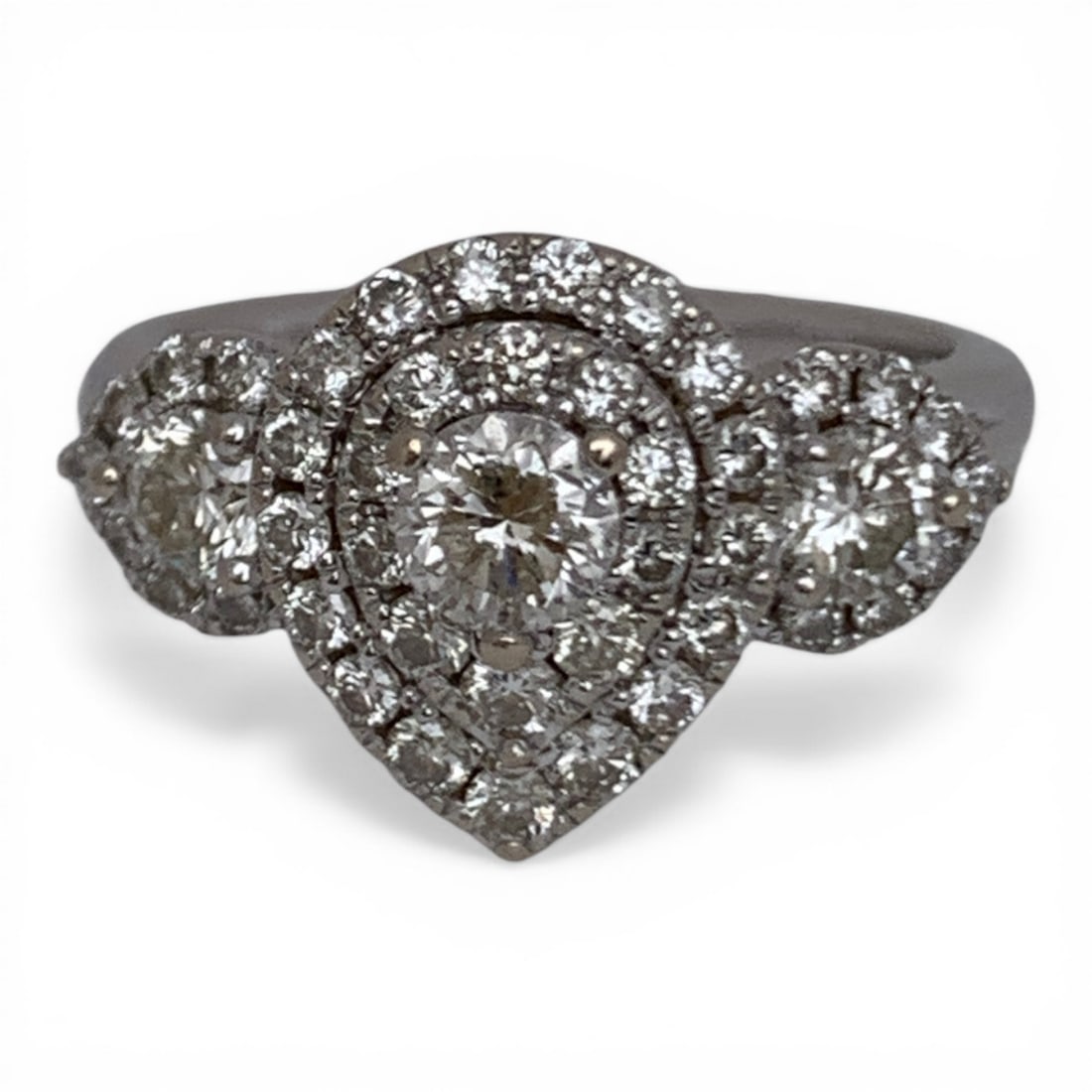 14k White Gold & Diamond Cluster Engagement Ring: 14k White Gold & Cluster Diamond Engagement Ring In A Pear Or Teardrop Design With A Three Stone Layout With A Central Cluster And Two Prominent Side Stones. This Ring Features A Center 3 Tier Diamond