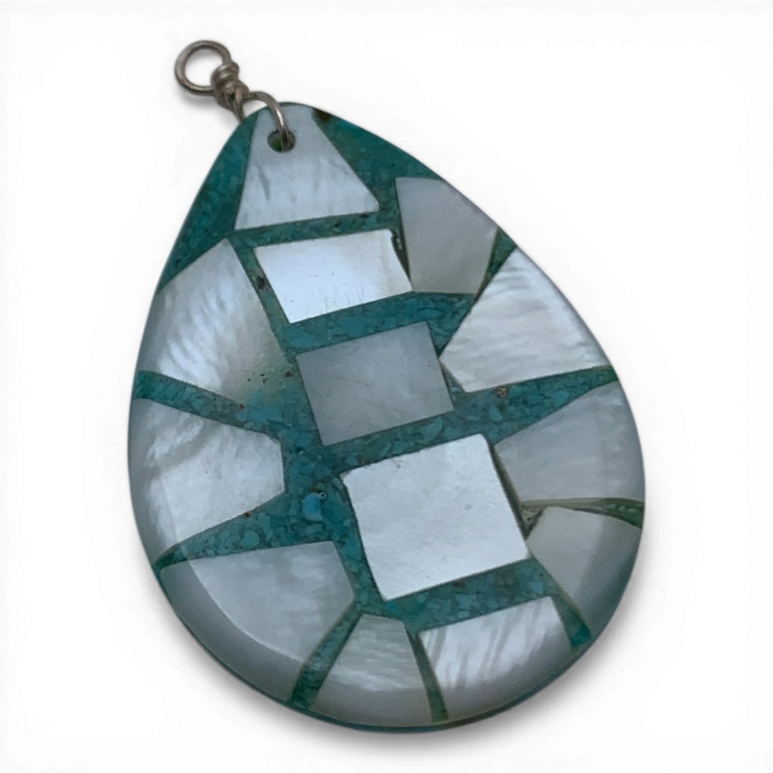 Silver Turquoise Pendant W Inlaid Mother Of Pearl: Sterling Turquoise Pendant With Inlaid Mother Of Pearl Stones Set On One Side Tests Silver - 1 5/8" Long - 5.3 Grams