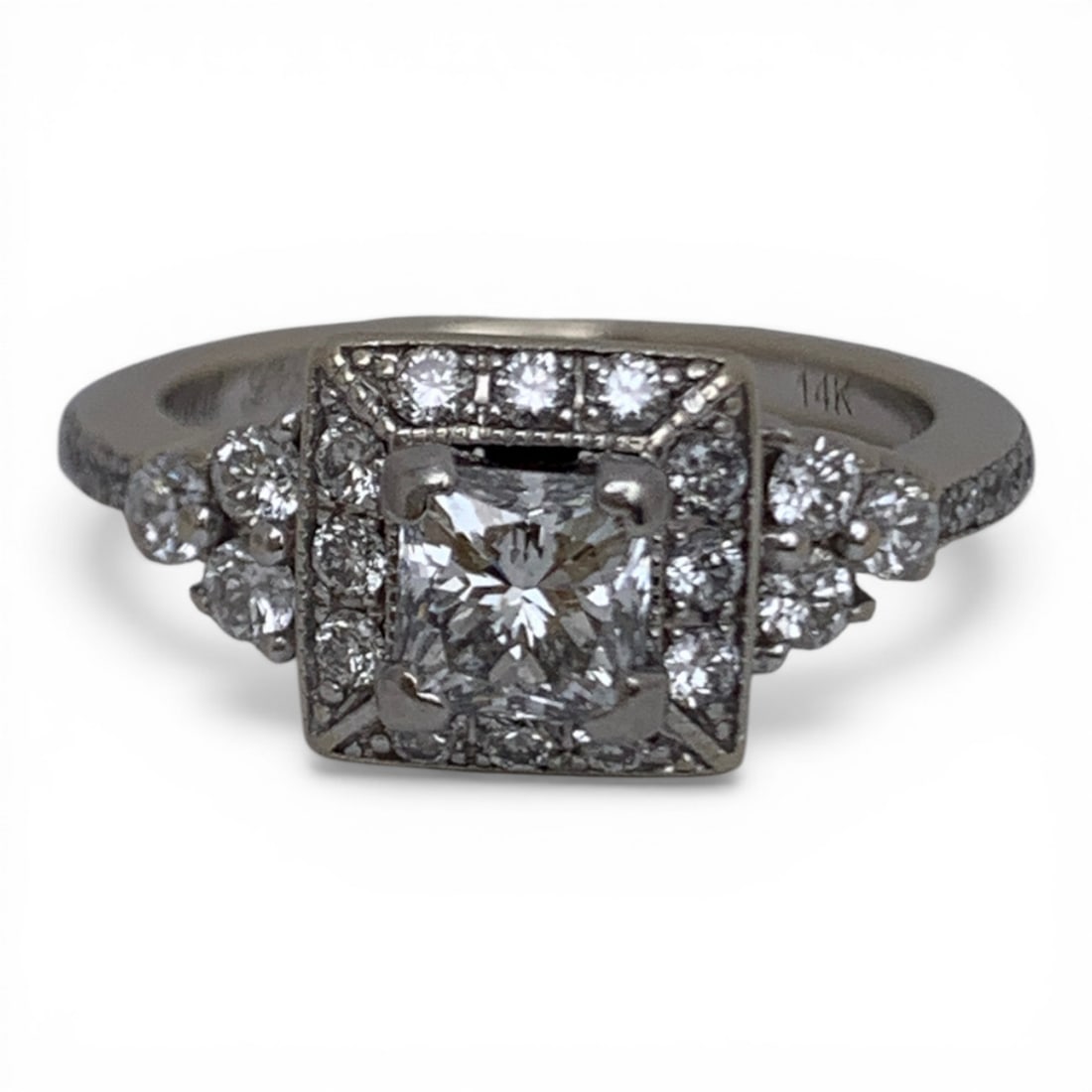 14k White Gold & Princess Cut Diamond Ring: Vintge 14k White Gold & Diamond Ring With An Engraved Setting Featuring 1 Raised Square Halo Princess Cut Center Diamond Approx. 0.59ct. The Square Halo Is Set With 12 Round Cut Diamonds Approx.