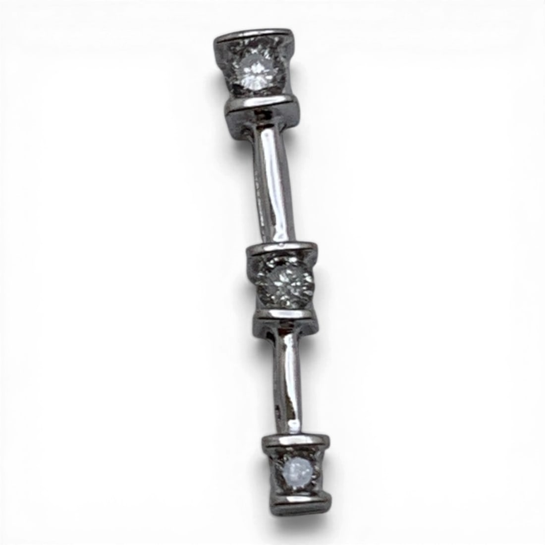 10k White Gold & Diamond Pendant: 10k White Gold Pendant Featuring 3 Round Cut Diamonds Increasing In Size.Marked 14k - 3/4" Long - 0.6 DwtGemstones Tested With Presidium Gem Tester Il - Berners Does Not Guarantee Authenticity Of Gems