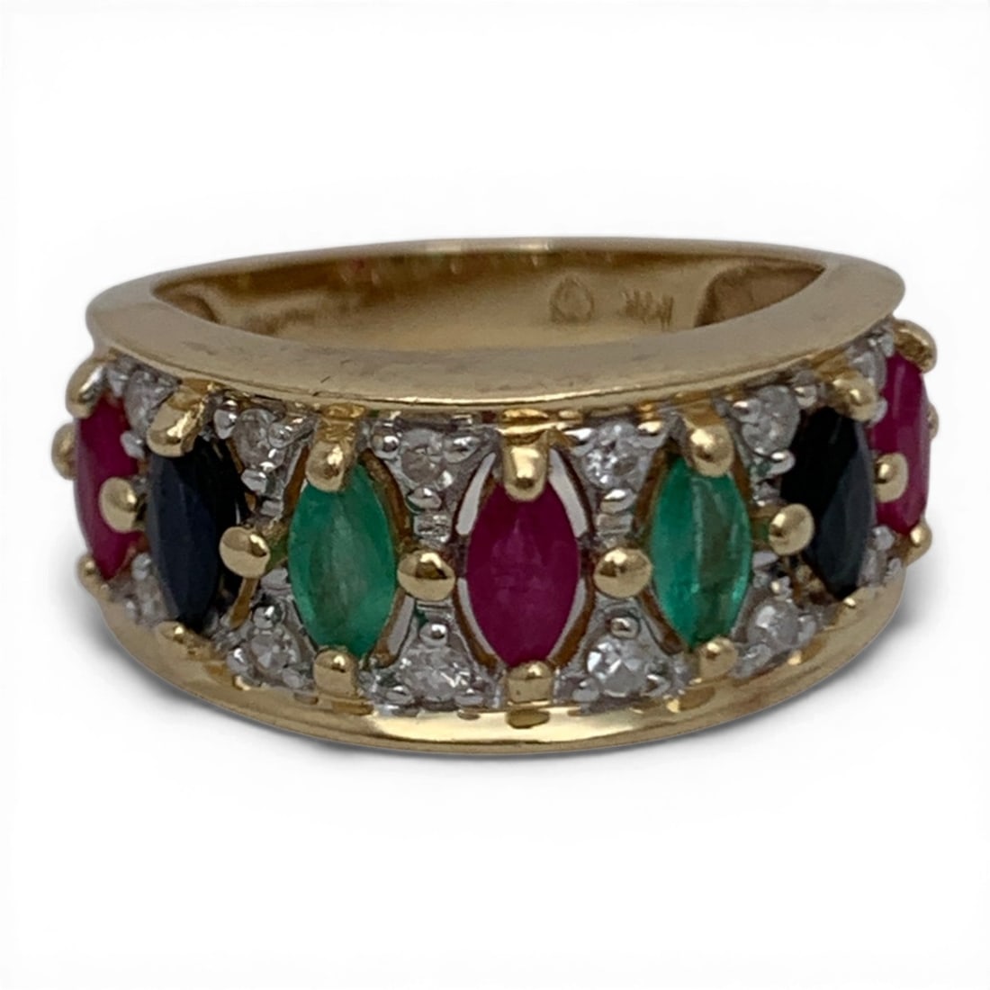 Vintage 14k Gold & Precious Stone Harlequin Ring: Vintage 14k Yellow Gold Ring With A "big Three" Design Featuring 7 Alternating Marquise Cut Pink Ruby, Blue Sapphire, & Green Emerald Gemstones Surrounded By 12 Round Cut White Diamonds Approx. 0.025c