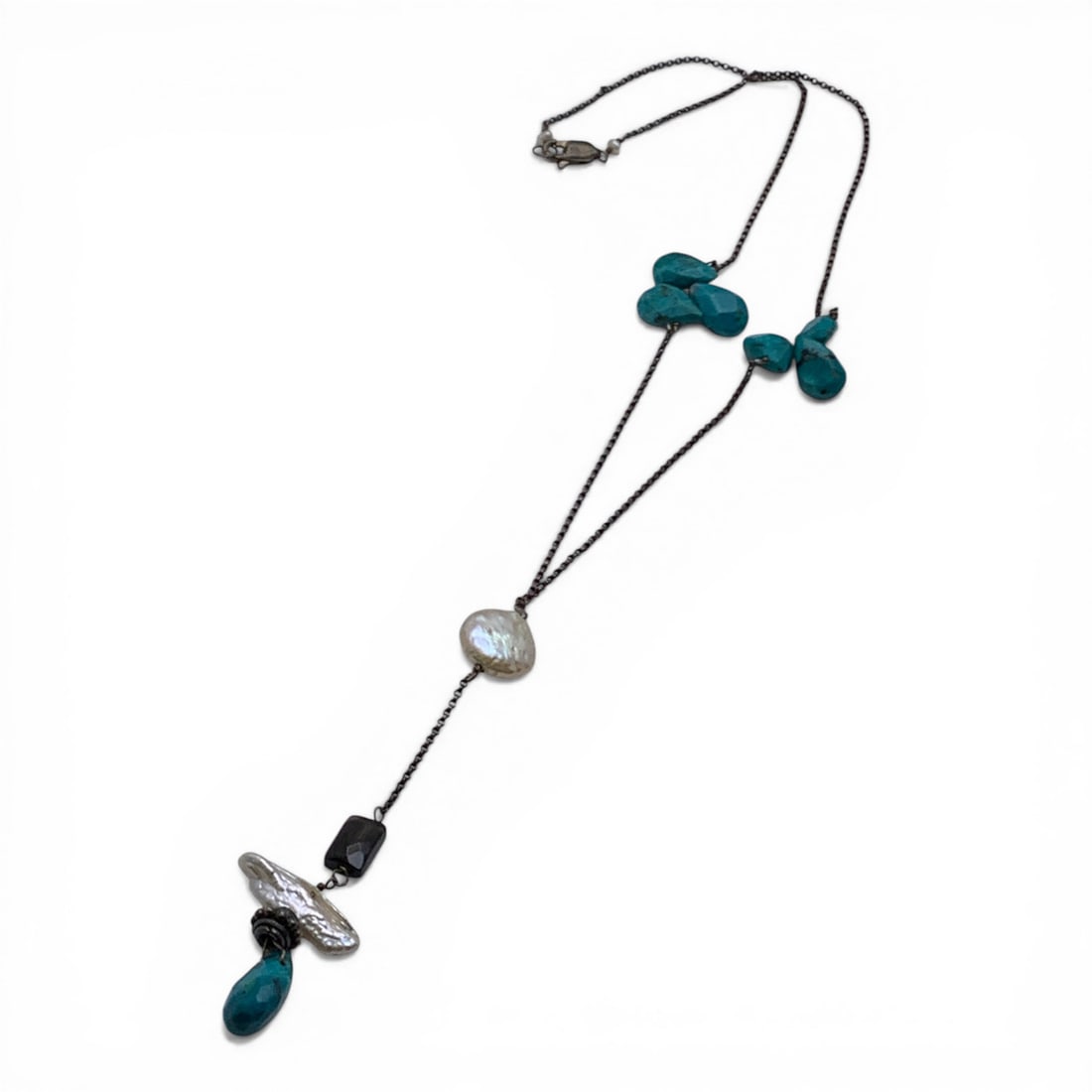 Sterling, Pearl, Quartz, & Turquoise Necklace: Sterling Silver Necklace Featuring 7 Blue Turquoise Gemstone, 2 Pearls & 1 Brown Quartz Gemstone Marked 925 - 17" Long - 8.1 Grams
