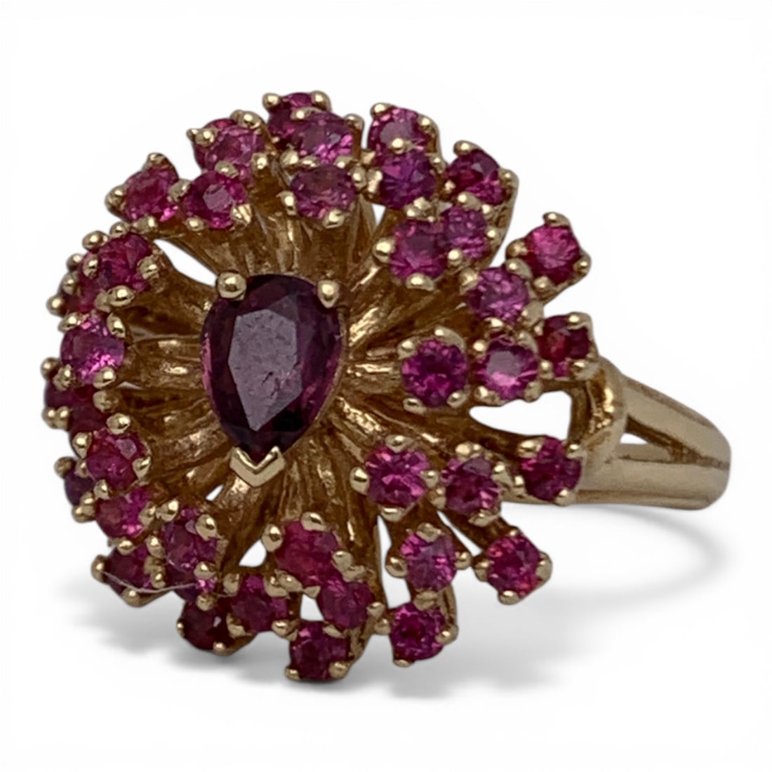 Vintage 14k Gold & Topaz Cocktail Ring: Vintage 14k Yellow Gold & Pink Topaz Cluster Cocktail/ Thai Princess Ring Featuring 42 Purple, Hot Pink & Light Red Topaz Gemstones Approx. 0.05ct Each Surrounding A Purple Teardrop Cut Center Topaz