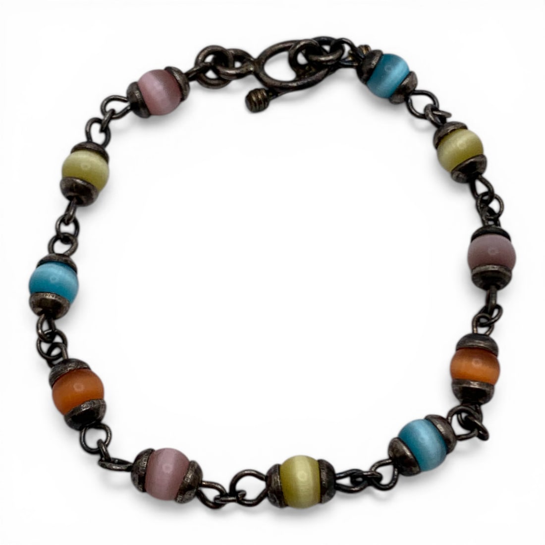 Sterling Silver & Multicolor Cat's Eye Glass Beads: Vintage Charm Bracelet Featuring Multicolor Cat's Eye Glass Beads Set In Sterling Silver Marked 925 - 8 1/8" Long - 11.6 Grams
