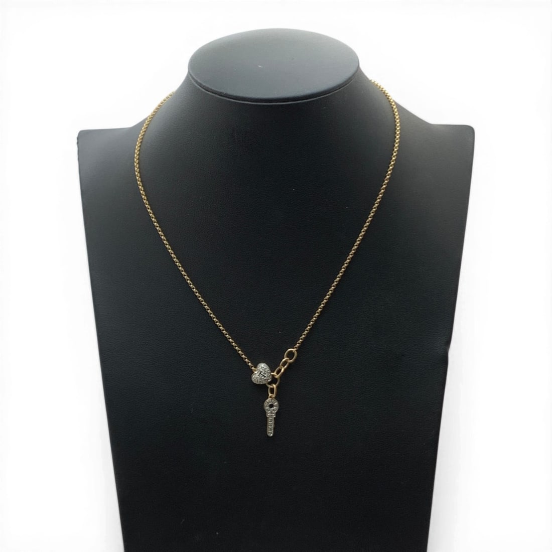 14k Gold & Diamond Heart Lock & Key Necklace: 14k Yellow Gold Necklace Featuring Diamond Crusted Heart Lock & Key Charms Marked 14k - 16" Long - 2.6 Dwt