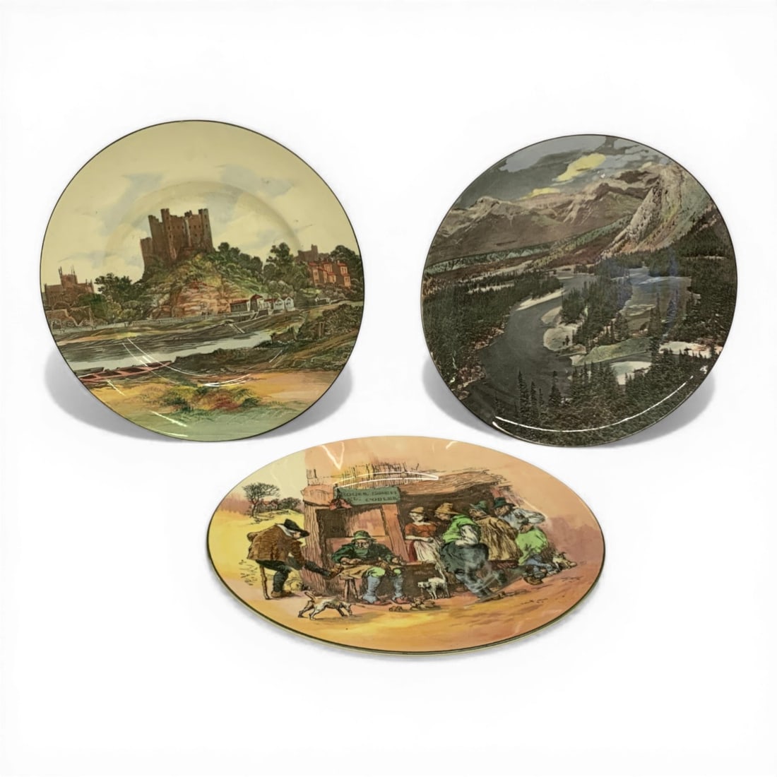 3 Royal Doulton England Plates: 10.5" Diameter. Marked Royal Doulton. England.D3602, Roger Solem Cobler.D6308 Scenic Plate Rochester Castle. D6475, Bow Valley Banff National Park.