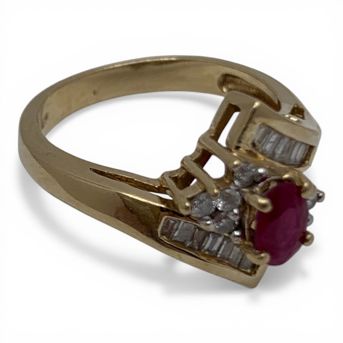 14k Gold Diamond & Ruby Bypass Design Ring - 4