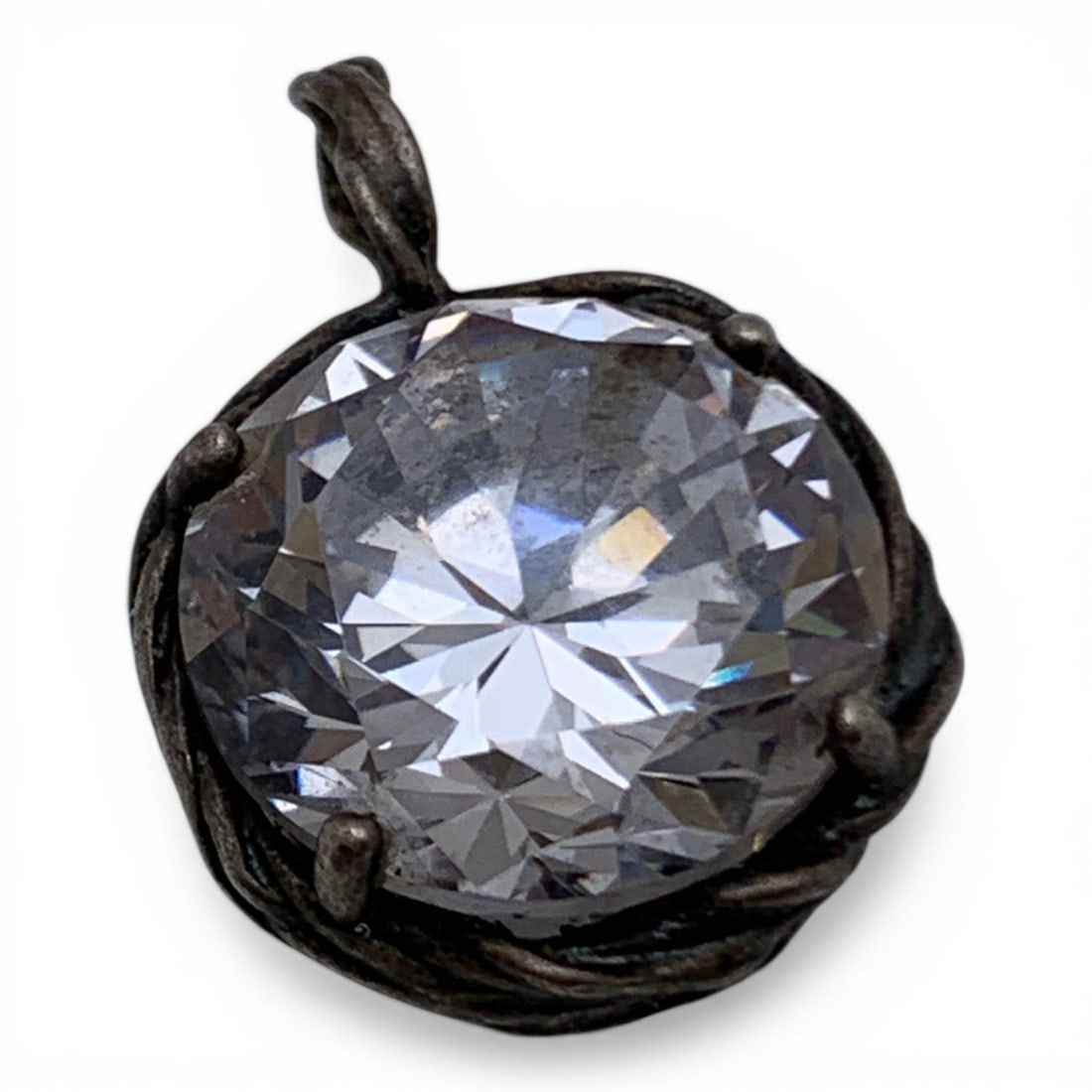 Sterling Pendant W Large Round Cut Clear Stone: Marked 925 - 1" Long - 8.4 Grams