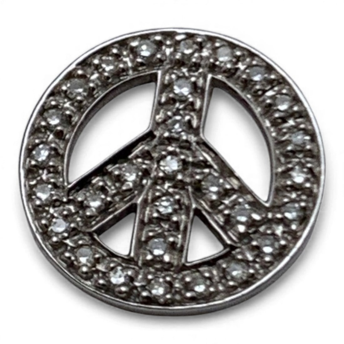 14k White Gold & Diamond Peace Symbol Pendant: 14k White Gold Pendant In A Peace Sign Design Featuring 30 Round Cut Diamonds Approx. 0.01ct Each. Approx. 0.30ctw Of Diamonds Marked 14k - 1/2" Long - 0.7 DwtGemstones Tested With Presidium Gem Teste