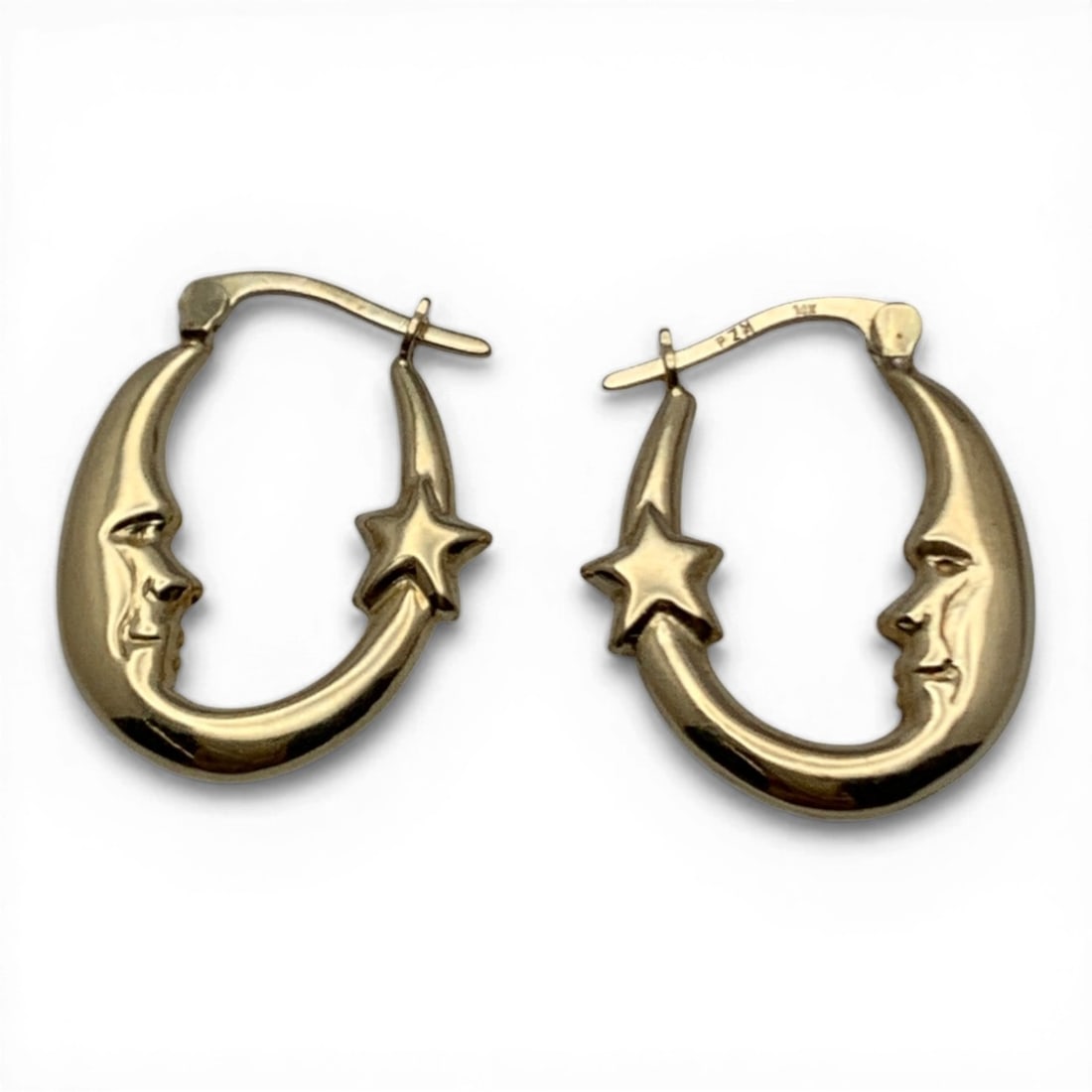 Pair Of 14k Yellow Gold Earrings: Pair Of 14k Yellow Gold Earrings With A Moon & Stars Design Marked 14k - 7/8" Long - 0.9 Dwt