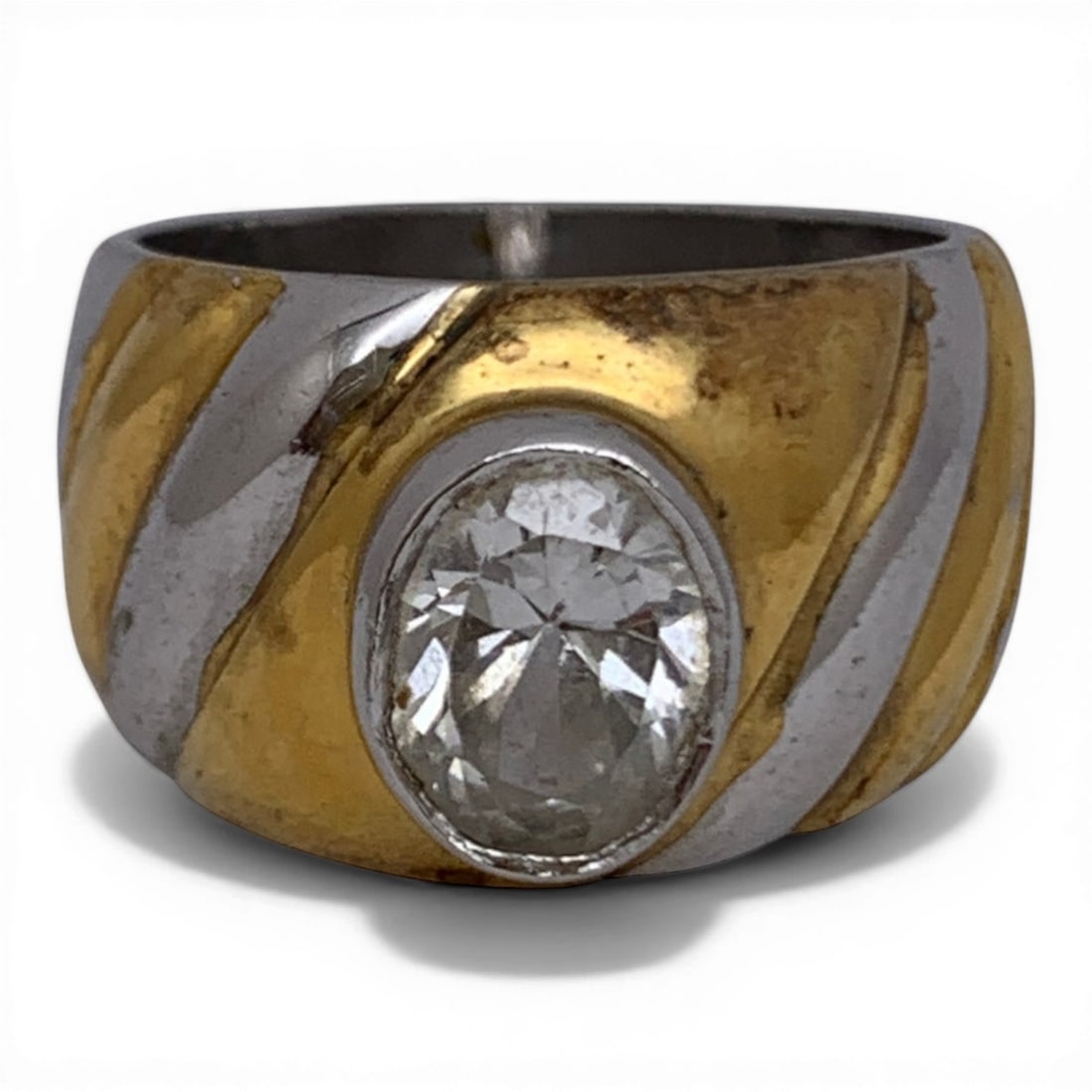 Sterling Silver Two Tone Ring With Clear Stone: Sterling Silver Two Tone Ring Featuring An Oval Cut Clear Solitaire Stone Marked 925 - Size 8.25 - 7.7 Grams