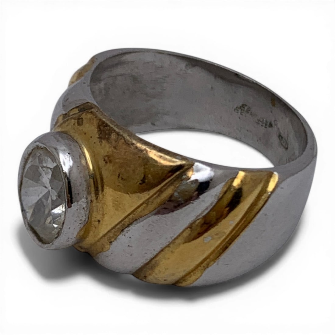 Sterling Silver Two Tone Ring With Clear Stone - 2