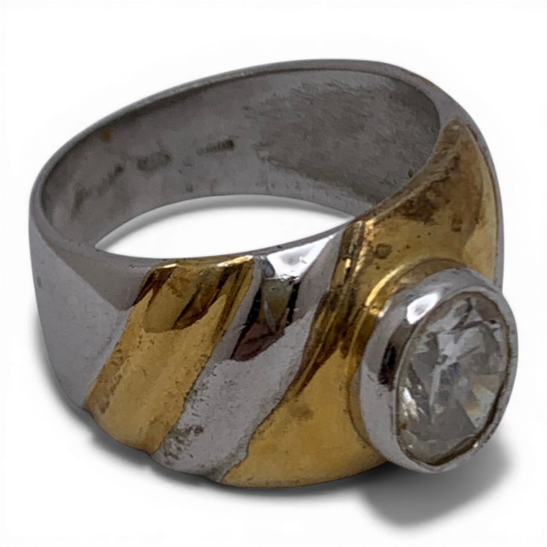 Sterling Silver Two Tone Ring With Clear Stone - 4