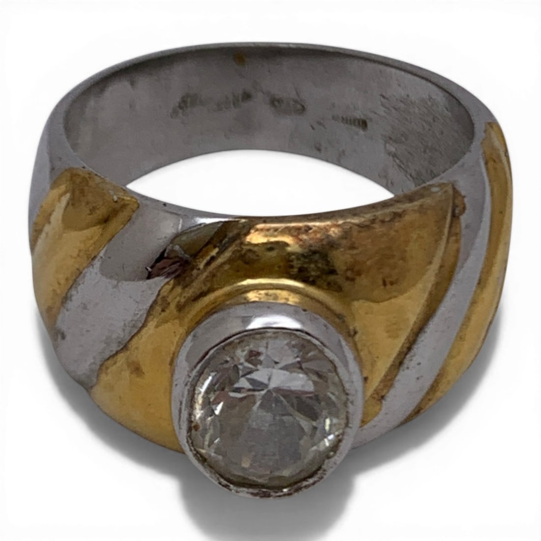 Sterling Silver Two Tone Ring With Clear Stone - 5