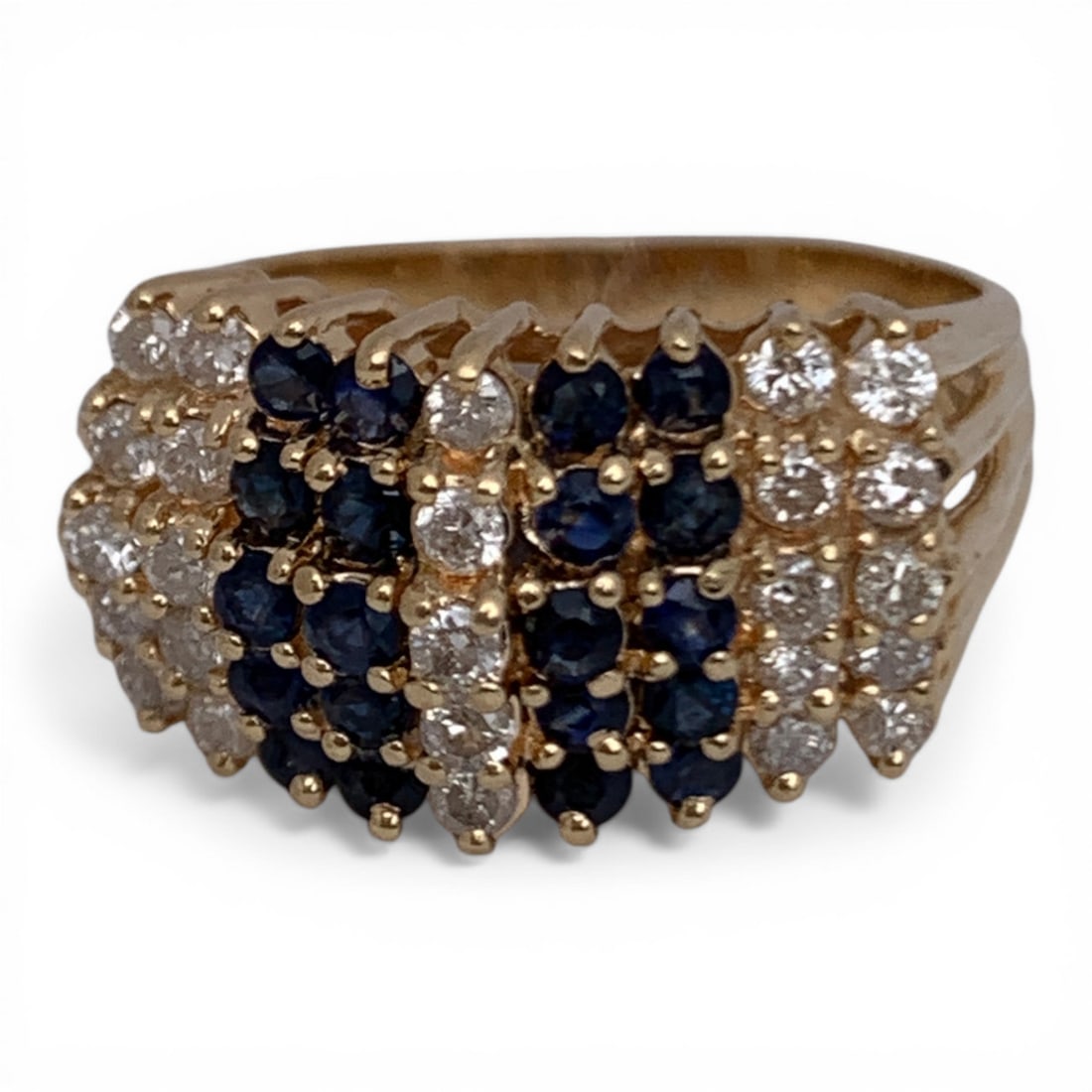 Vintage 14k Gold Diamond & Sapphire Cluster Ring: Vintage 14k Yellow Gold Diamond & Blue Sapphire Cluster Ring In A Waterfall Design Featuring 25 Round Cut Diamonds Approx. 0.03ct Each & 20 Dark Blue Sapphires. 25 Total Diamonds & Approx 0.75ctw Of