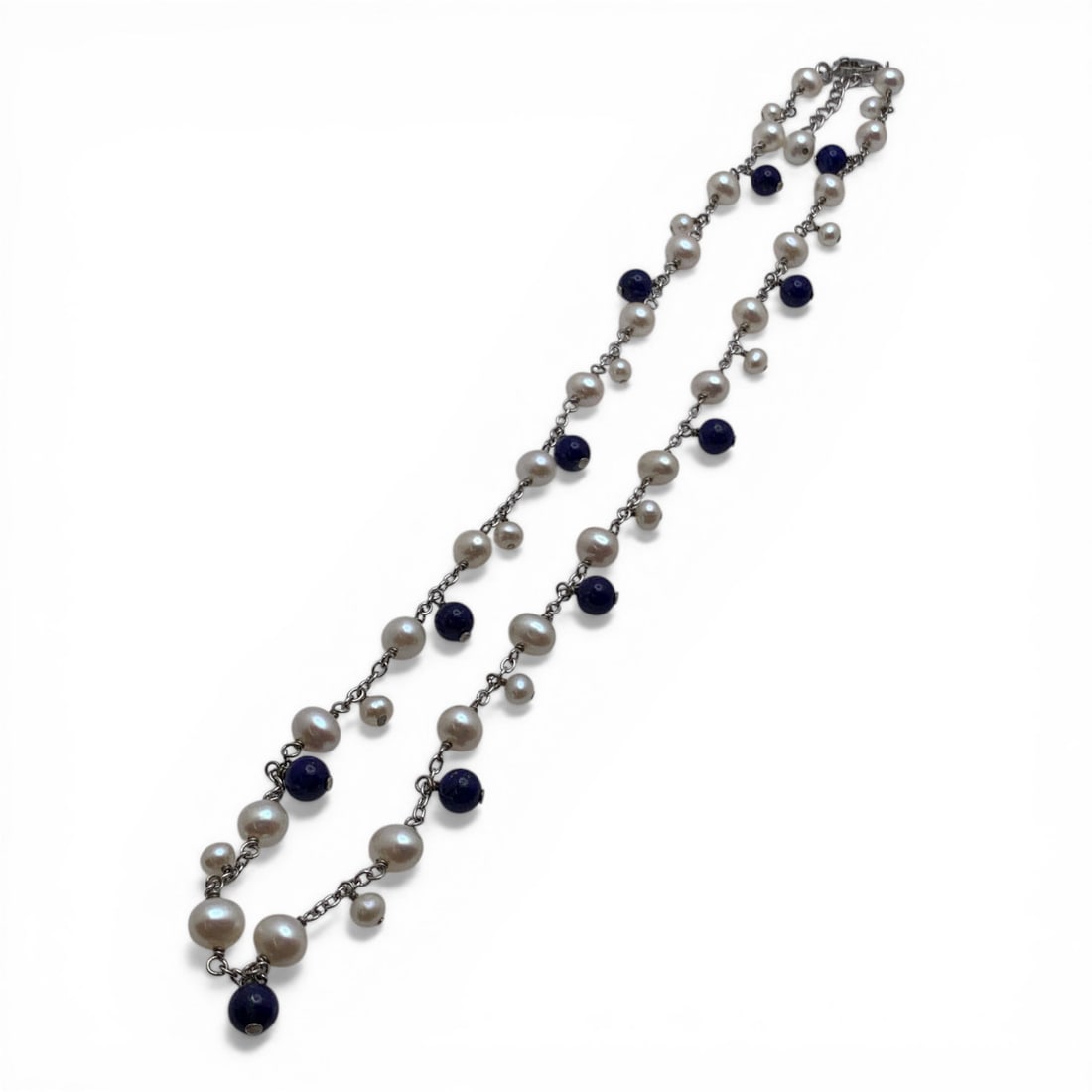 Sterling Silver Pearl & Blue Lapis Bead Necklace: Sterling Necklace Featuring 37 Round Pearls & 11 Blue Lapis Stones Marked 925 - 22 1/2" Long - 20.5 Grams