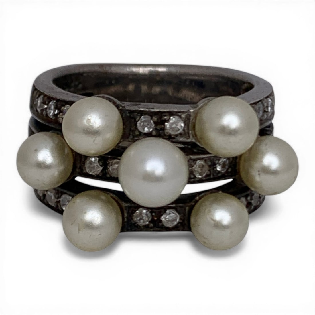 Sterling Silver, Pearl & Clear Stone Ring: Sterling Silver 3 Band Ring Featuring 7 White Pearls And Round Cut Clear Stones Surrounding Marked 925 - Size 6.5 - 10.3 Grams