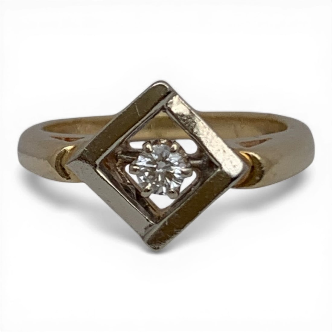 14k Two Tone Gold & Diamond Ring: Vintage 14k Two Tone Gold Ring With A Geometric Design Featuring A Round Cut Diamond Approx. 0.10ct Set Within A Diamond Shaped BezelMarked 14k - Size 5.25 - 2.1 DwtGemstones Tested With Presidium