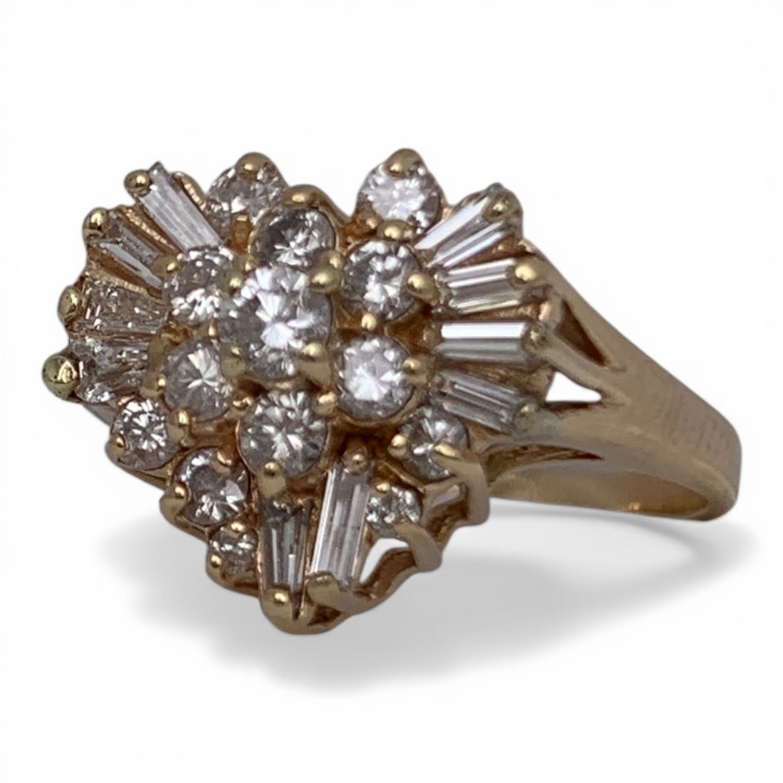 Vintage 14k Gold & Diamond Ballerina Heart Ring: Vintage 14k Yellow Gold & Diamond Heart Shaped Ballerina Ring Featuring A Central Cluster Of Round Cut Diamonds Surround By Baguette Cut Diamonds Marked 14k - Size 8 - 2.6 Dwt Gemstones Tested With