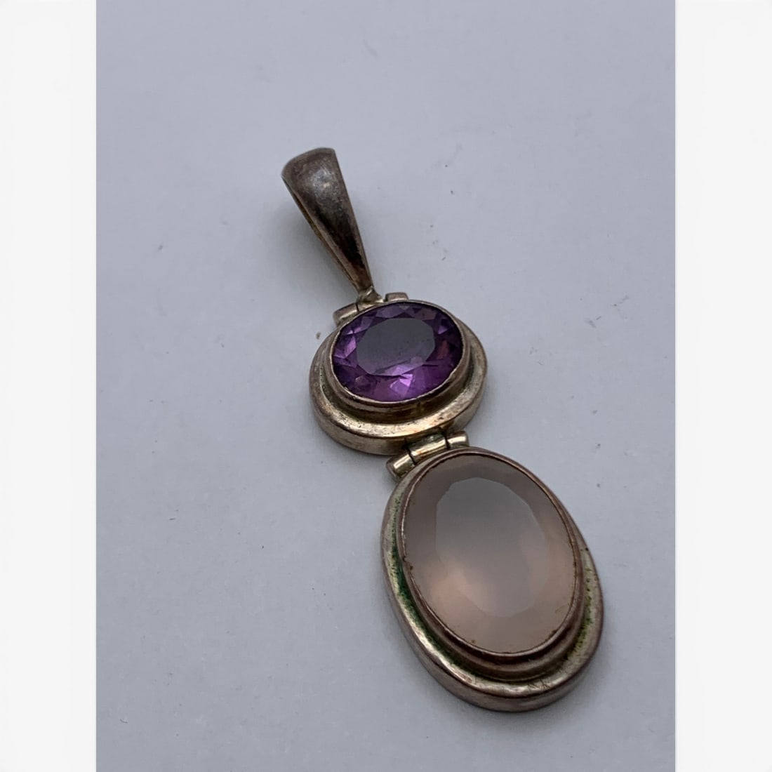 Sterling Pendant With Amethyst & Quartz Stones: Sterling Pendant With Oval Cut Amethyst Gemstone And A Cloudy Pink Oval Cut Quartz Gemstone Marked 925 - 2 1/8" Long - 16.2 Grams