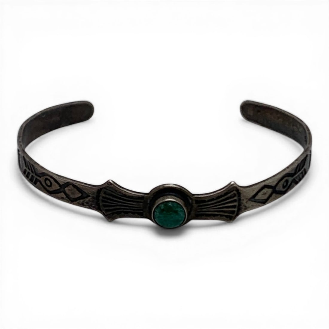 Sterling Silver & Green Stone Miniature Cuff: Sterling Silver Cuff Bracelet Featuring 1 Center Set Green Stone Marked Sterling - 1 3/4" Inside Width - 3.7 Grams