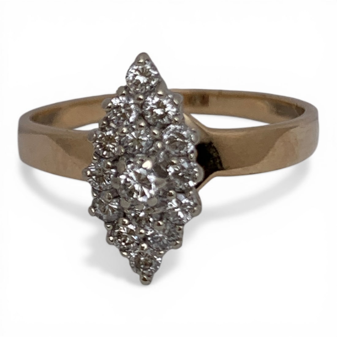 Vintage 14k Gold & Diamond Navette Style Ring: Vintage 14k Yellow Gold & Diamond Navette-style Diamond Cluster Ring Designed In An Edwardian Or Victorian Style Featuring 1 Raised Round Cut Central Diamond Approx. 0.07ct Surrounded By 14 Round Cut