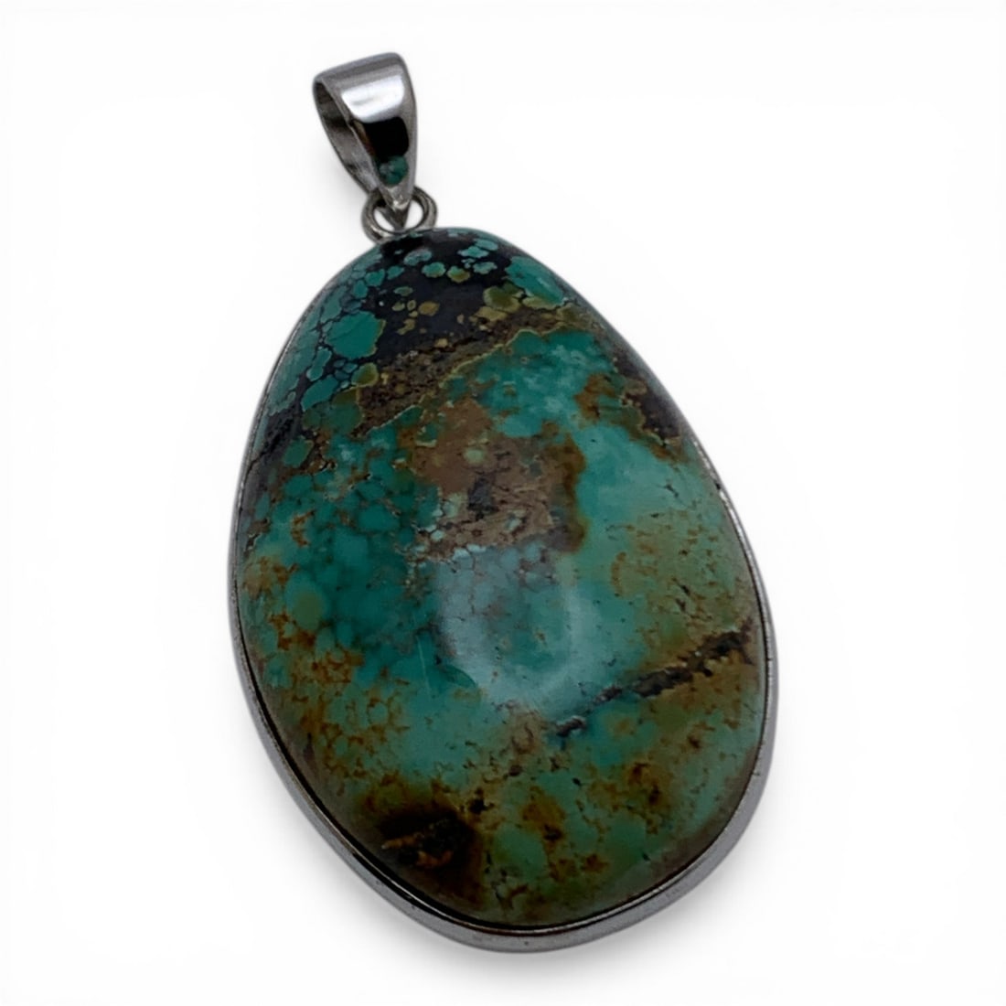 Sterling Silver Pendant W Turquoise Stone: Pendant With Large Turquoise Stone Featuring Black, Brown & Blue Colors Marked 925 - 1 7/8" Long - 11.0 Grams