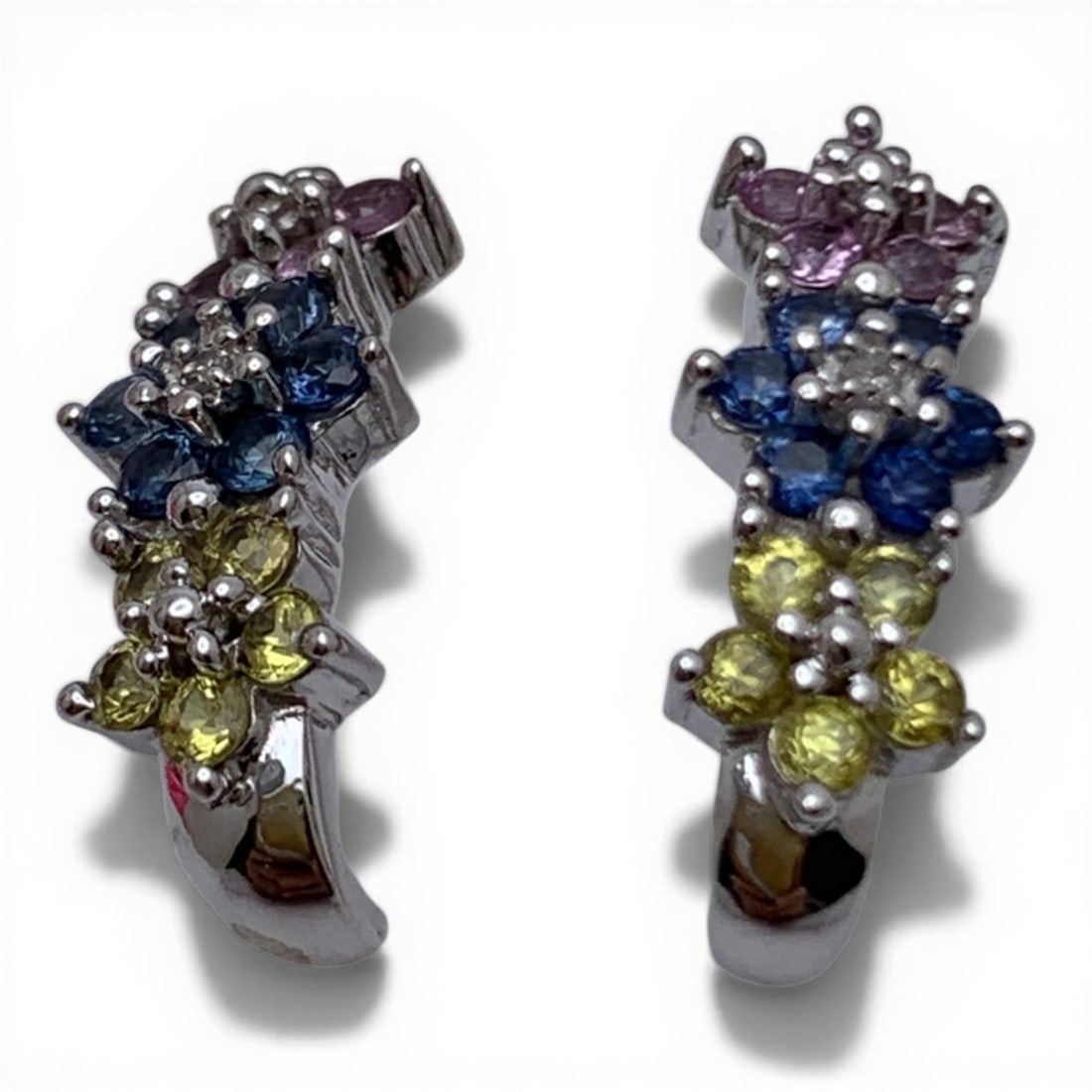 Pair Of 10k White Gold & Colored Topaz Earrings: Pair Of 10k White Gold Earrings Featuring 15 Colored Topaz Gemstones Set In A Floral Pattern.Marked 10k - 3/4" Long - 1.6 DwtGemstones Tested With Presidium Gem Tester Il - Berners Does Not -