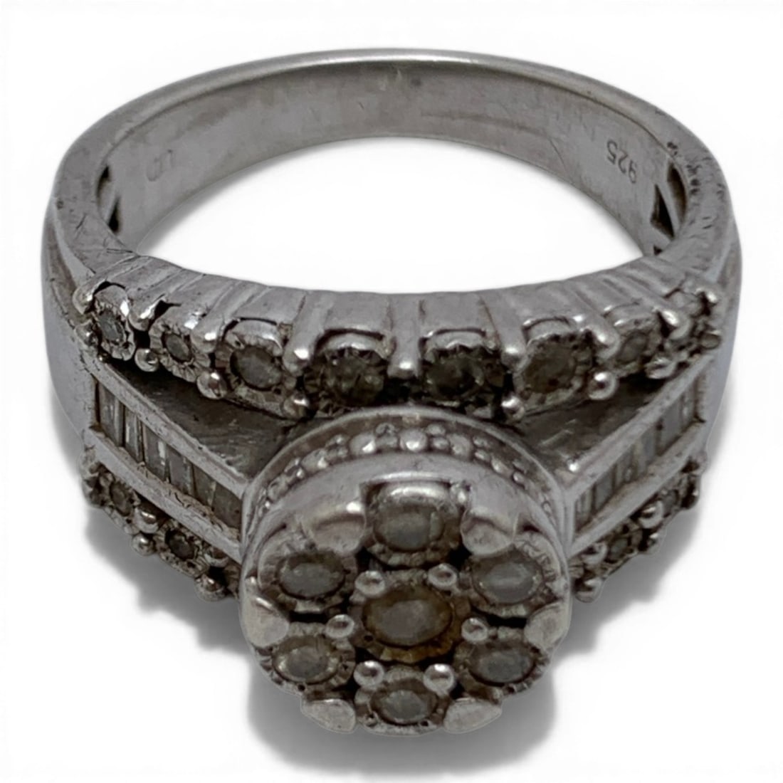 Sterling Silver & Clear Stone Cluster Ring - 5