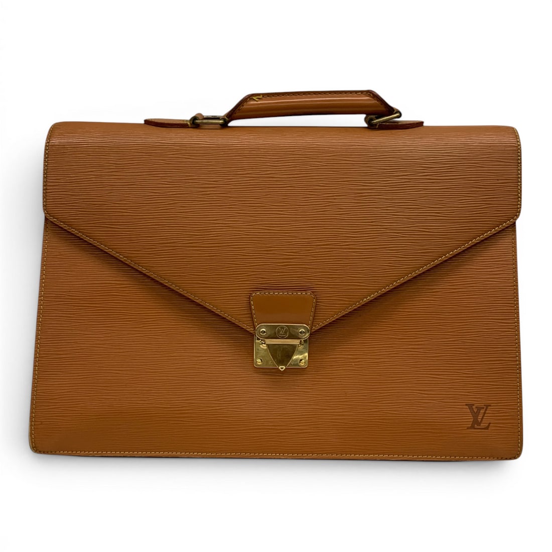 Louis Vuitton Brown Epi Leather Briefcase: Marked L V Embossed Lower Right And On Buckle. Louis Marked Louis Paris Made In France On Inside. With Key On Leather Strap. 11.5" X 16". With Legitapp Certificate Of Authenticity.