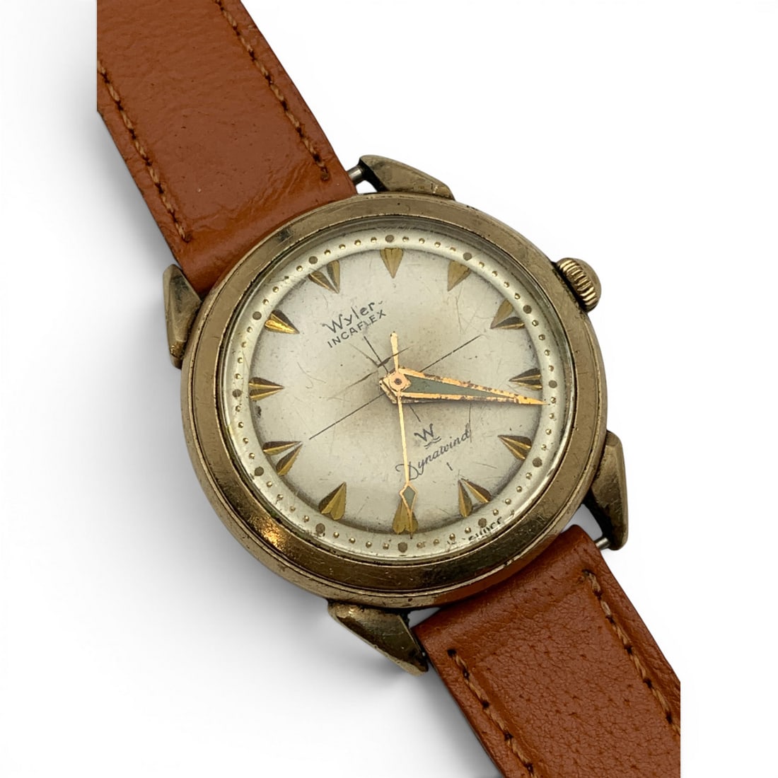Vintage Wyler Incaflex Swiss Wrist Watch: Marked On Face: Wyler Incaflex, Dynawind, SwissMarked On Back: 10k G.f. Top, Steel Back, 1100, 37513, 142356Marked On Band: Kreisler, Genuine Pigskin9 1/4" Long - 34mm Face Diameter