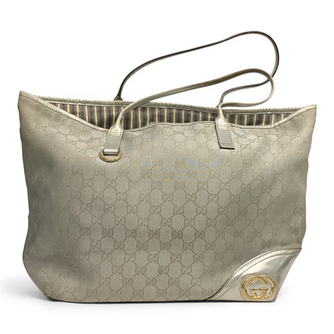 Gucci Silver Canvas And Leather Abbey Tote Bag: Label On Inside: Gucci Made In Italy. Serial Number On Reverse. 11" X 17". Shows Minor Wear, See Photos.