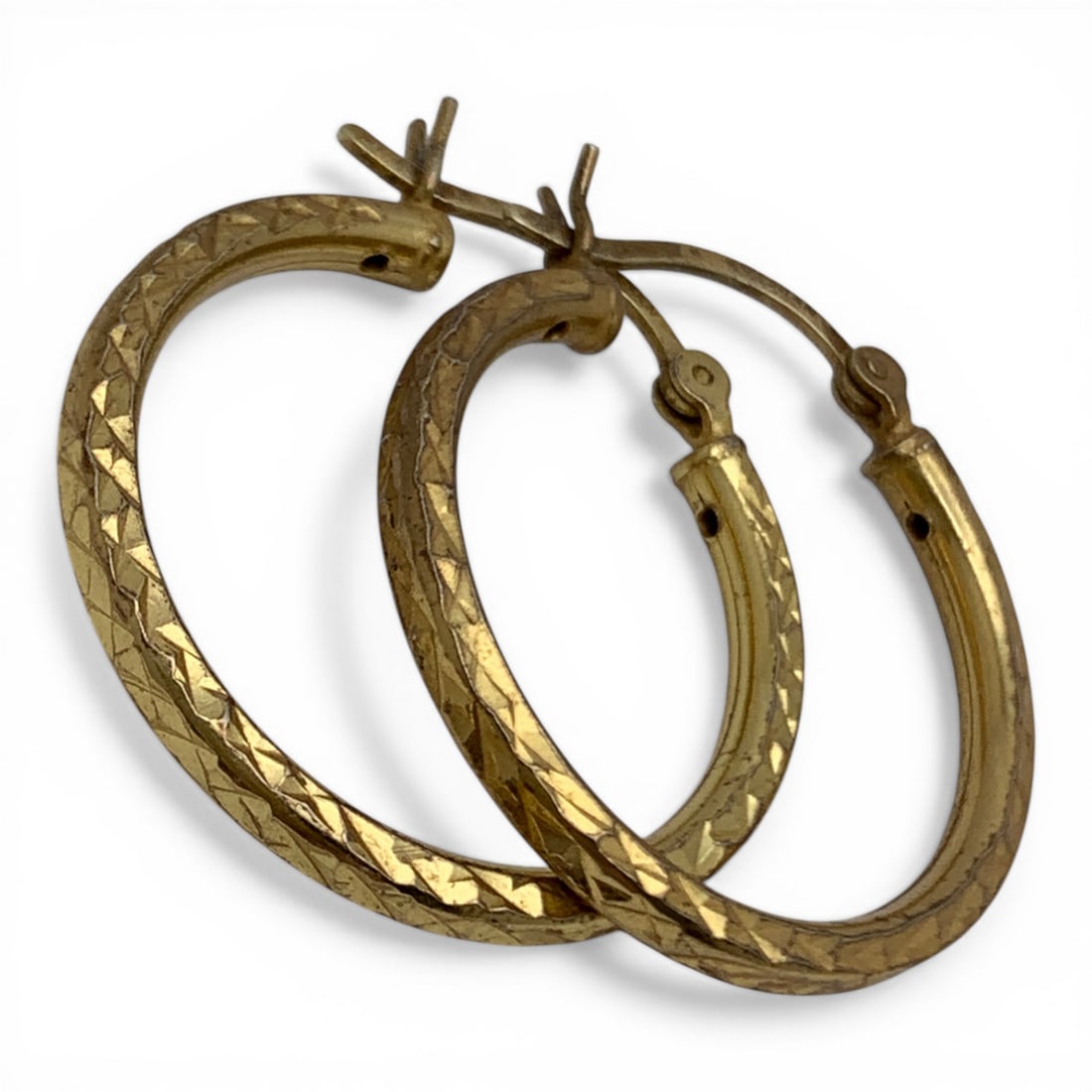 Pair Of Sterling Gold Tone Hoop Earrings: Sterling Silver Hoop Earrings Featuring A Textured Design Marked: 925 - 1" Long - 2.4 Grams