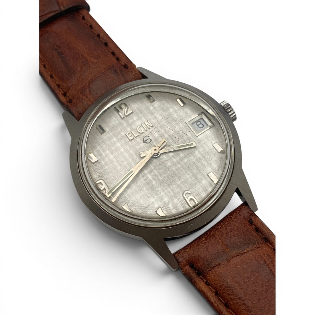 Vintage Elgin Swiss Made Wrist Watch: Marked On Face: Elgin, SwissMarked On Back: Elgin, Stainless SteelMarked On Band: Band China9 1/4" Long - 34mm Face Diameter