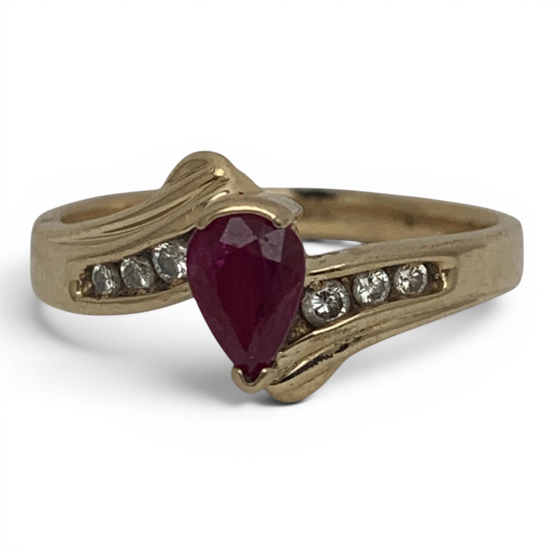 Vintage 14k Yellow Gold Diamond & Ruby Ring: Vintage 14k Yellow Gold Ring With A Bypass Design Featuring 1 Center Set Marquise Cut Ruby Flanked On Either Side By 6 Round Cut Lab Grown Diamonds Approx. 0.02ct Each.Marked 14k - Size 6.25 - 1.8 Dwt