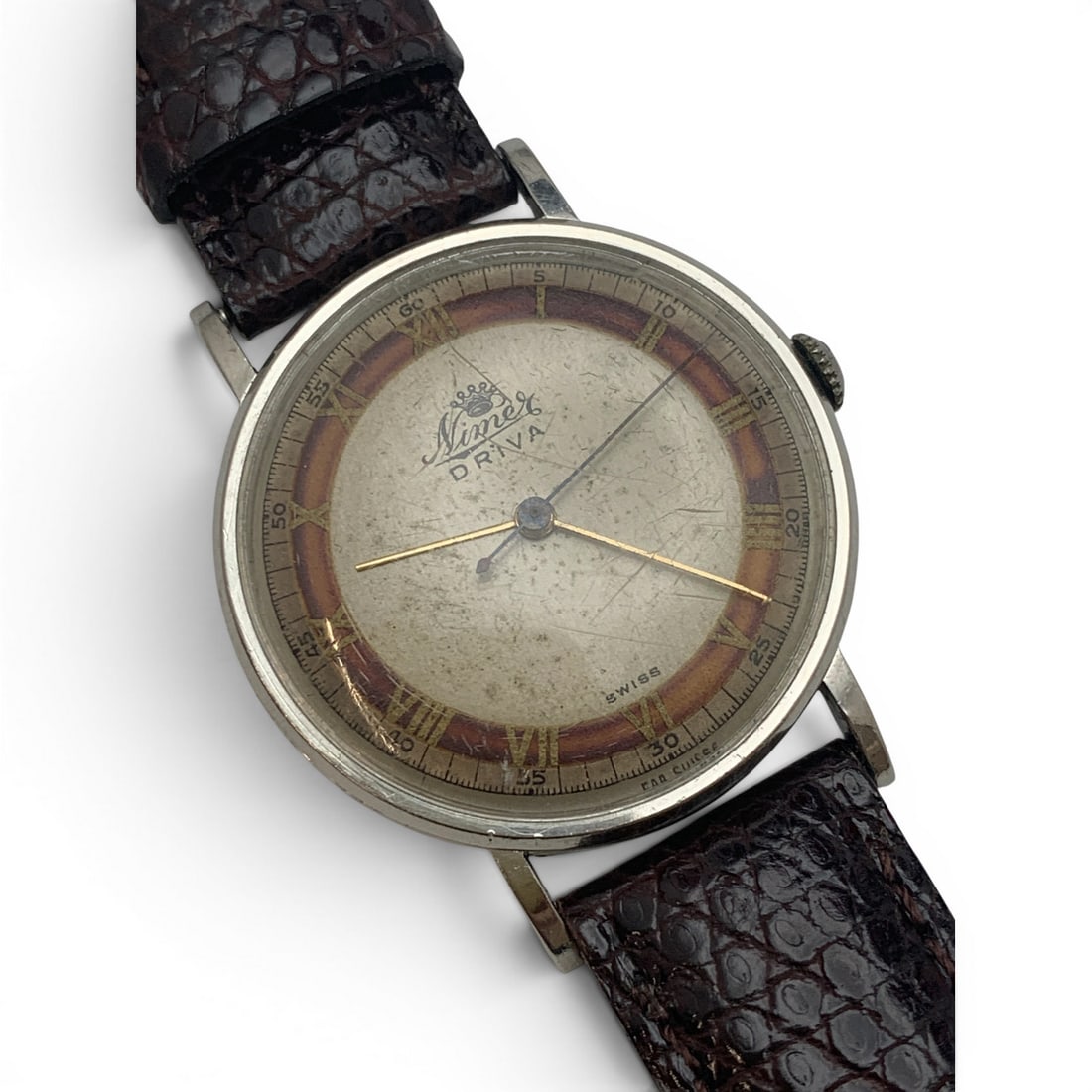 Vintage Niner Dr'iva Wrist Watch: Marked On Face: Niner Dr'iva, Swiss Marked On Back: Acier Marked On Band: Genuine Leather10 1/8" Long - 35mm Face Diameter